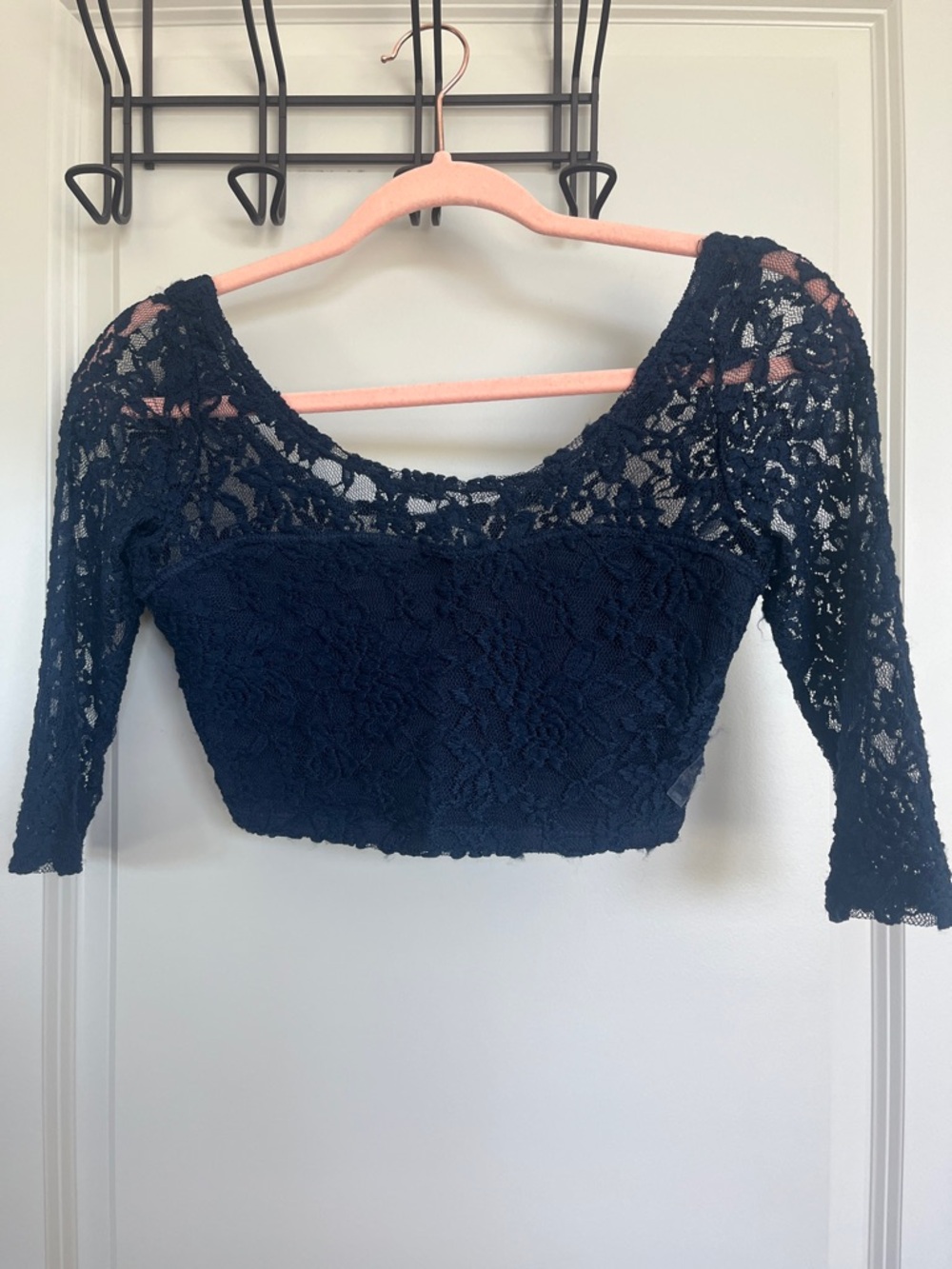 Women's Navy Lace Cropped Top - Elegant Scoop Neck